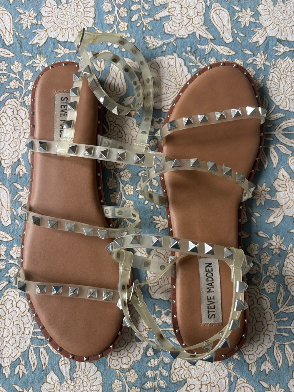 Steve Madden Clear Studded Gladiator Sandals with Brown Insole, size 8